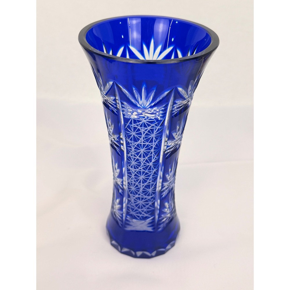 Vintage Bohemian Cobalt Blue Cut to Clear Crystal Vase Geometric Starburst 7.75"
